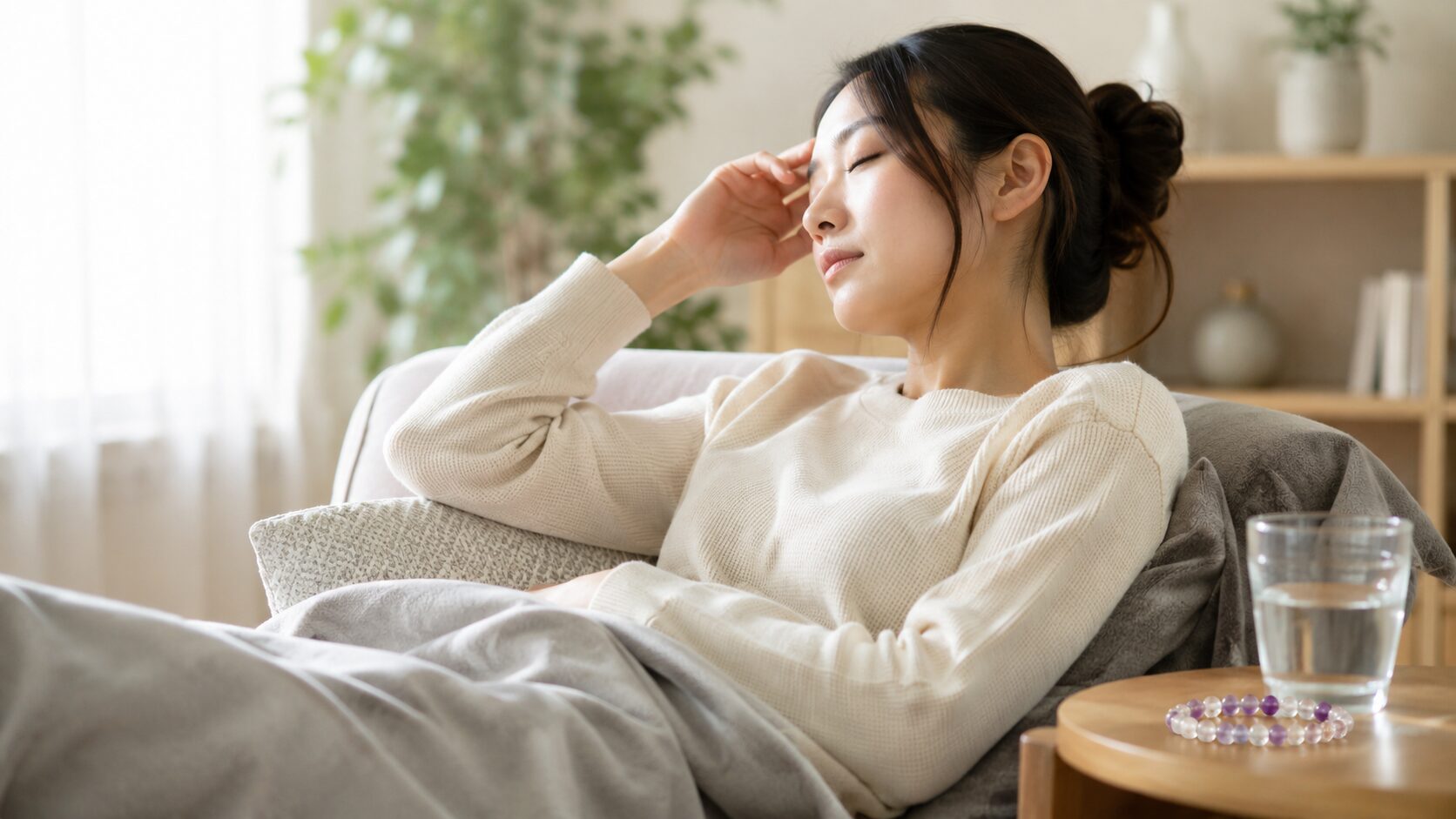 パワーストーンを外して水分を取りながらソファで休む日本人女性