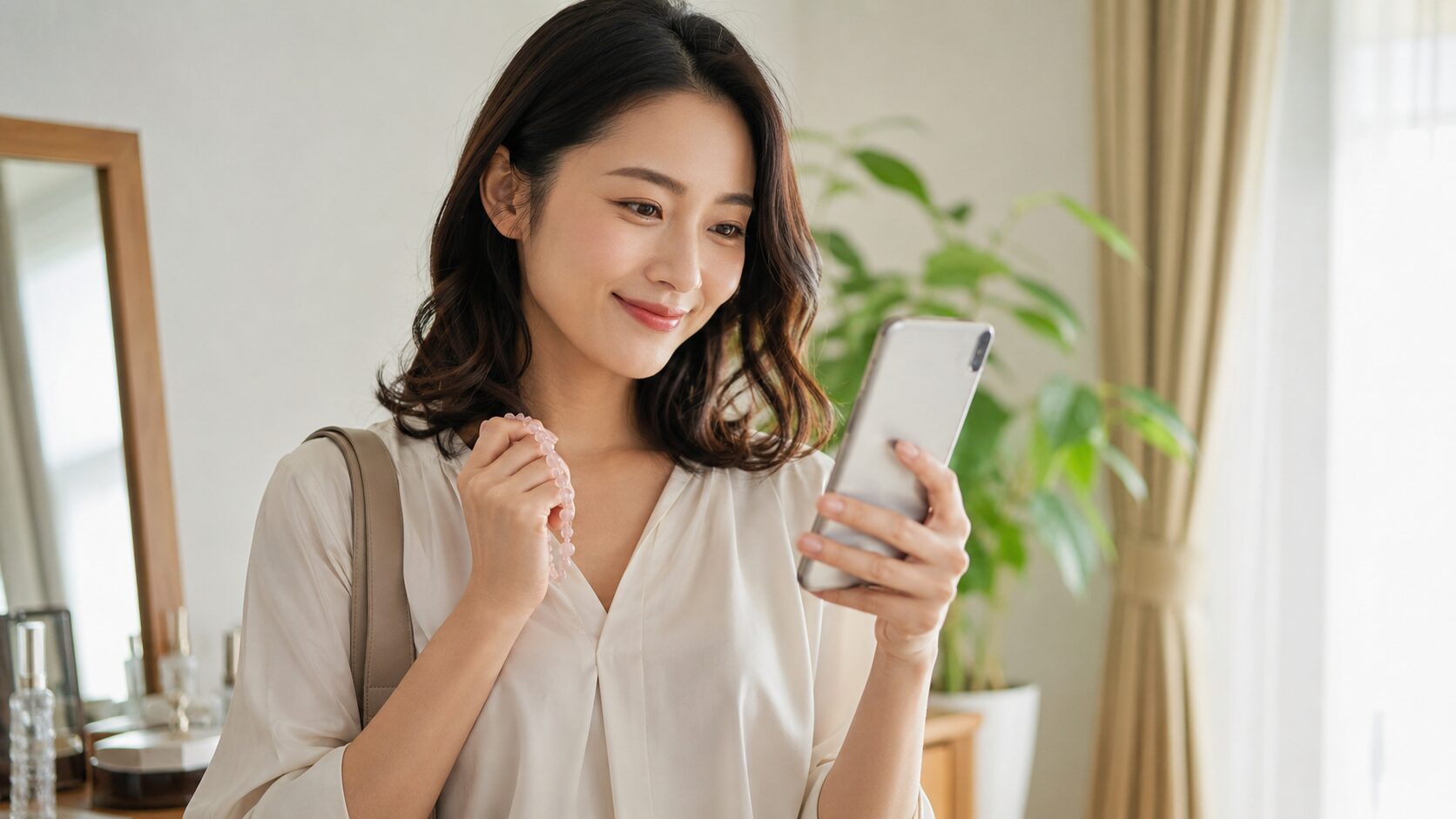 ローズクォーツのブレスレットを持ち前向きな気持ちでスマートフォンを見る日本人女性