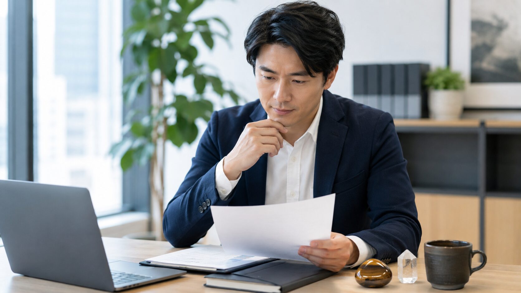 タイガーアイをそばに置き金運や仕事の判断を冷静に確認する日本人男性