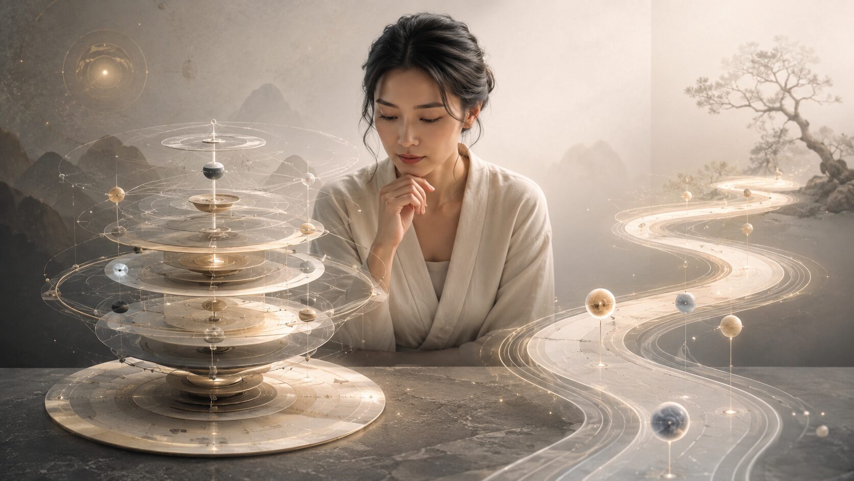 算命学の立体的な命式と四柱推命の運気の流れを比較する女性
