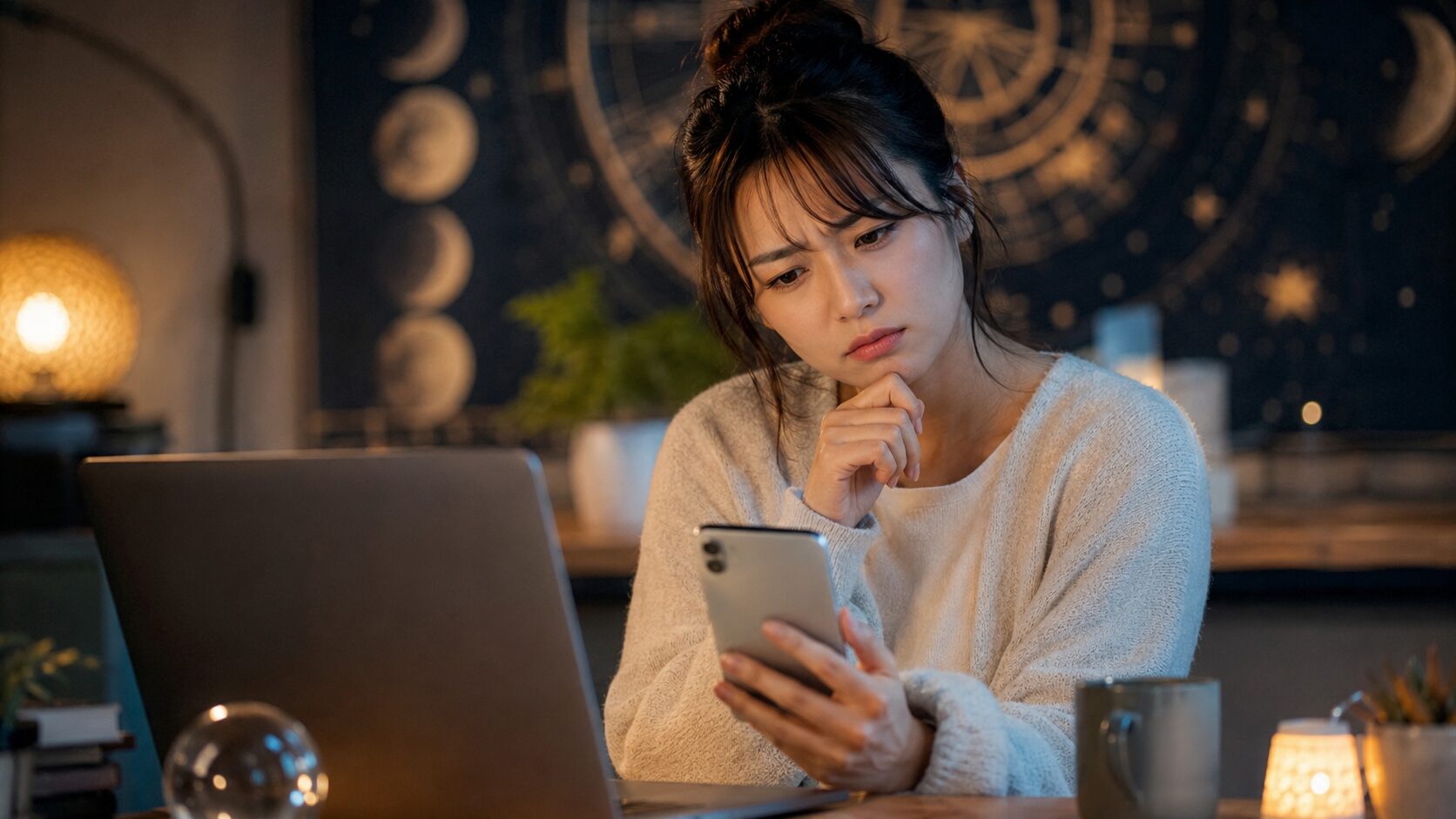 宿曜占星術の診断結果を見比べながら悩む日本人女性
