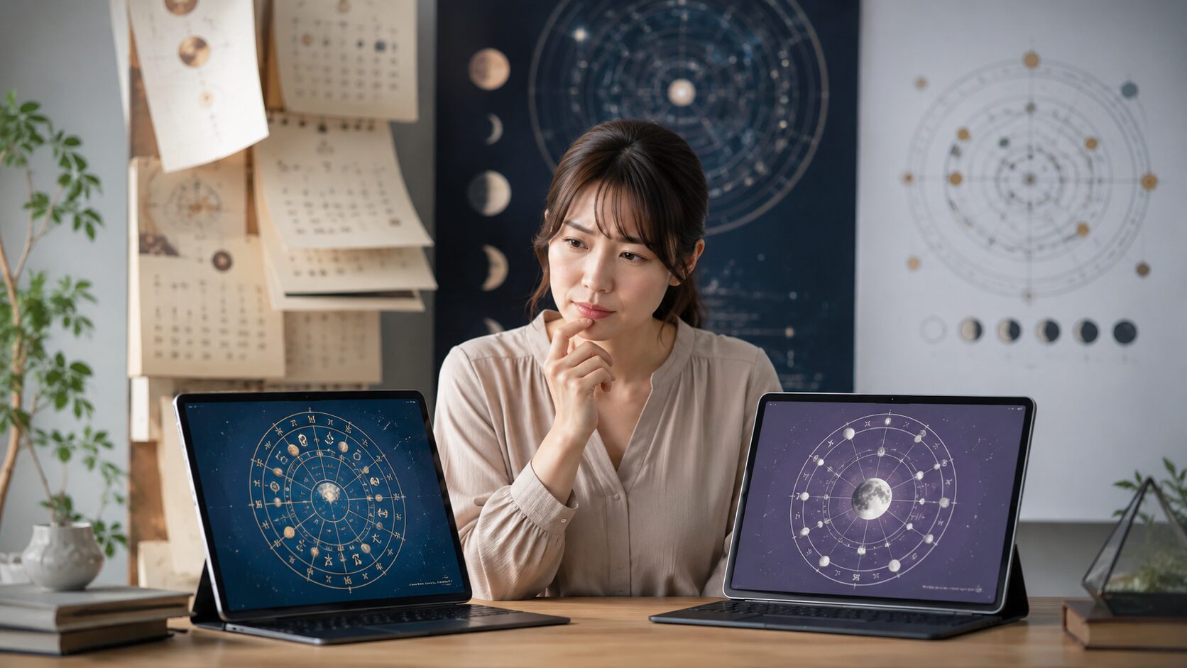複数の宿曜占星術サイトの違いに戸惑い計算方法を確認する日本人女性