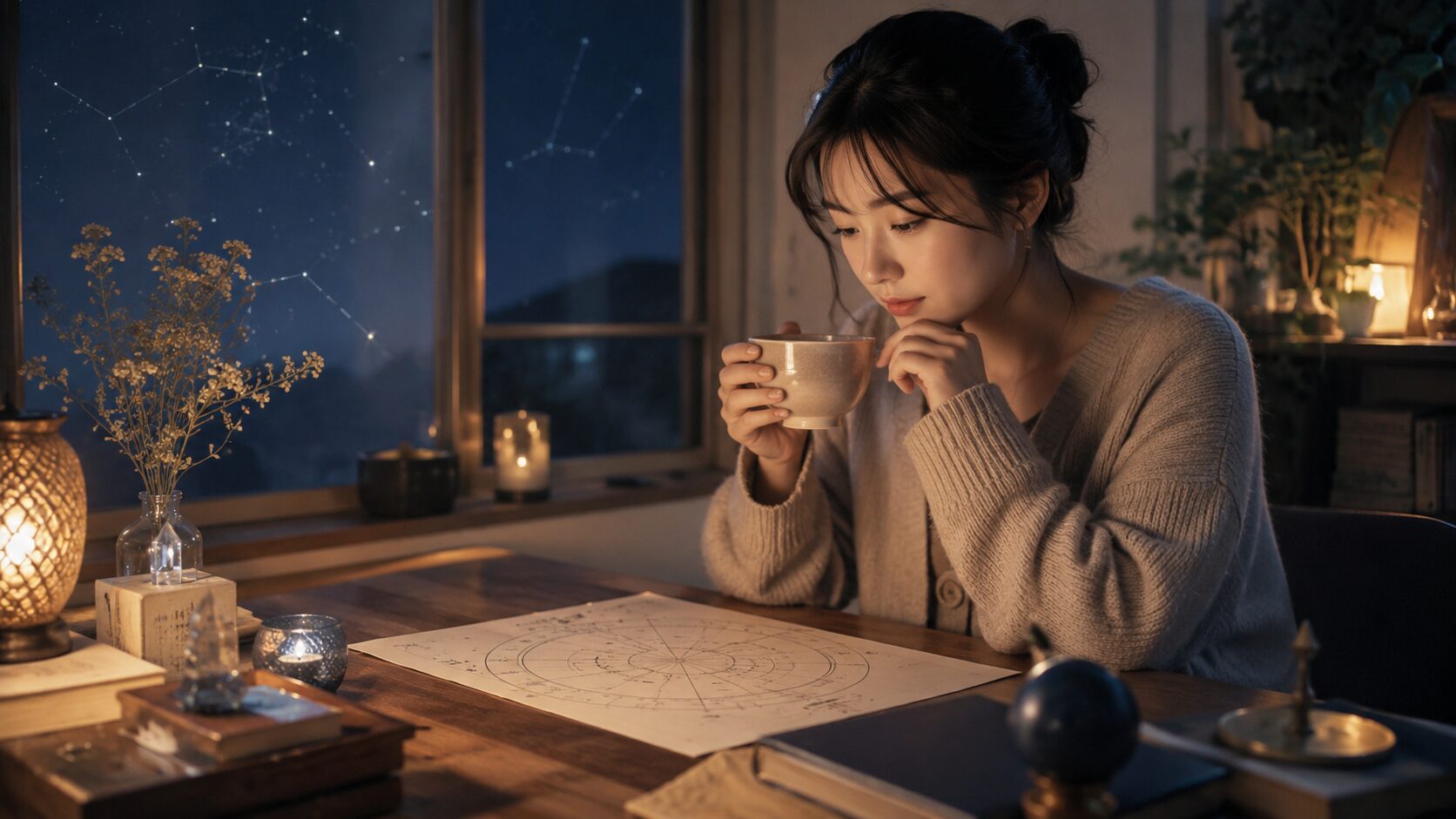西洋占星術の性格分析を学ぶ日本人女性と星空のホロスコープ