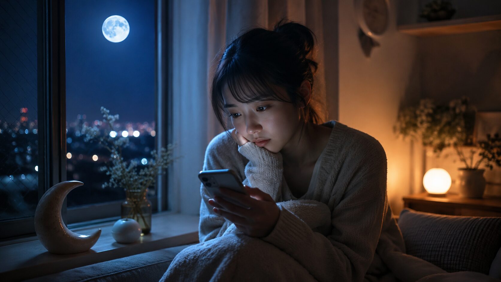 月星座が映す不安や安心の癖をスマホを見ながら感じる日本人女性
